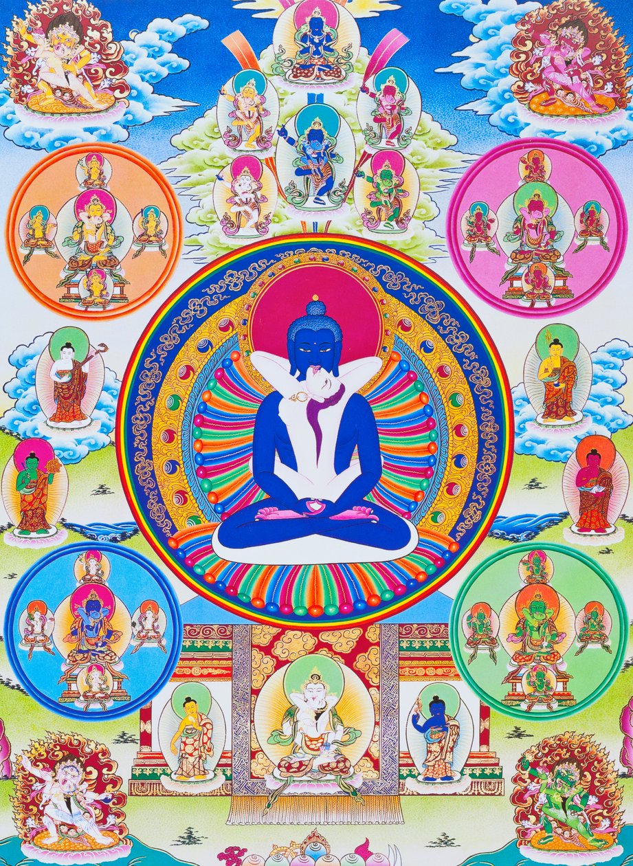 Kép, amely Samantabhadrát és hitvesét ábrázolja, szimbolizálva az abszoluttal való egységet (gouache a ruhán) alkotó: School Nepalese