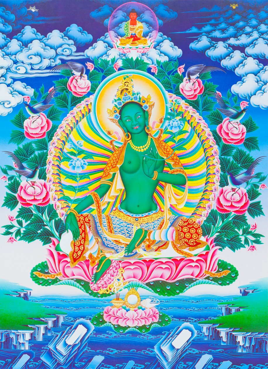 Kép, amely a zöld Tarát ábrázolja, az anyai védelmezőt minden veszélytől a létezés óceánjában (gouache a ruhán) alkotó: School Nepalese