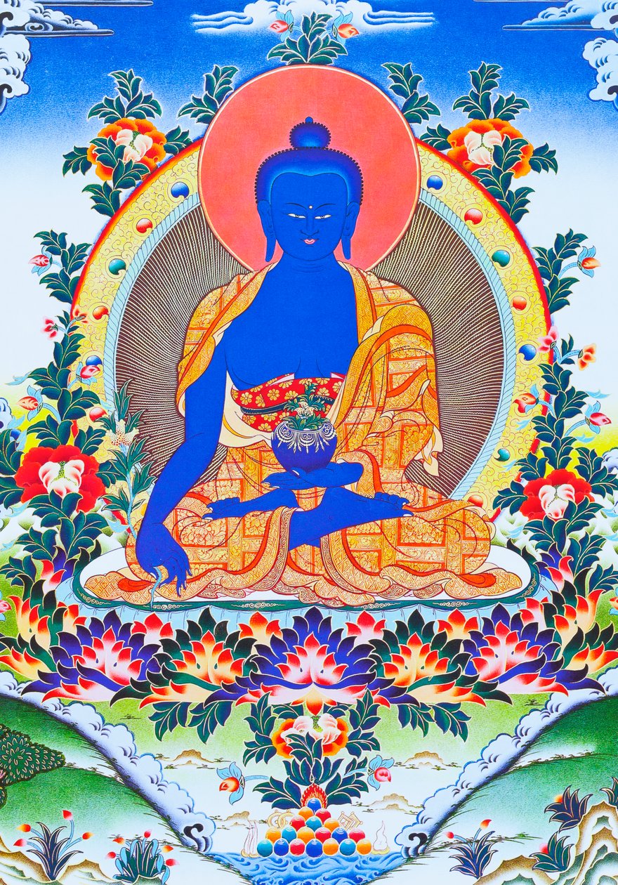 Buddha gyógyszert, a legfőbb gyógyítót ábrázoló kép kolostori köntösben, bal kezében az arura gyógynövényt tartalmazó tálkával (guache a ruhán) alkotó: School Nepalese