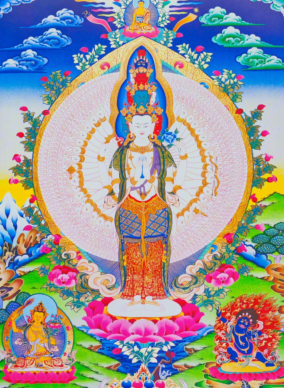 Ezer karú Avalokiteshvara, a tizenegy fejű Avalokiteshvara, ezer karral és 1022 szemmel ábrázoló kép, amely a végtelen együttérzést szimbolizálja (gouache a ruhán) alkotó: School Nepalese