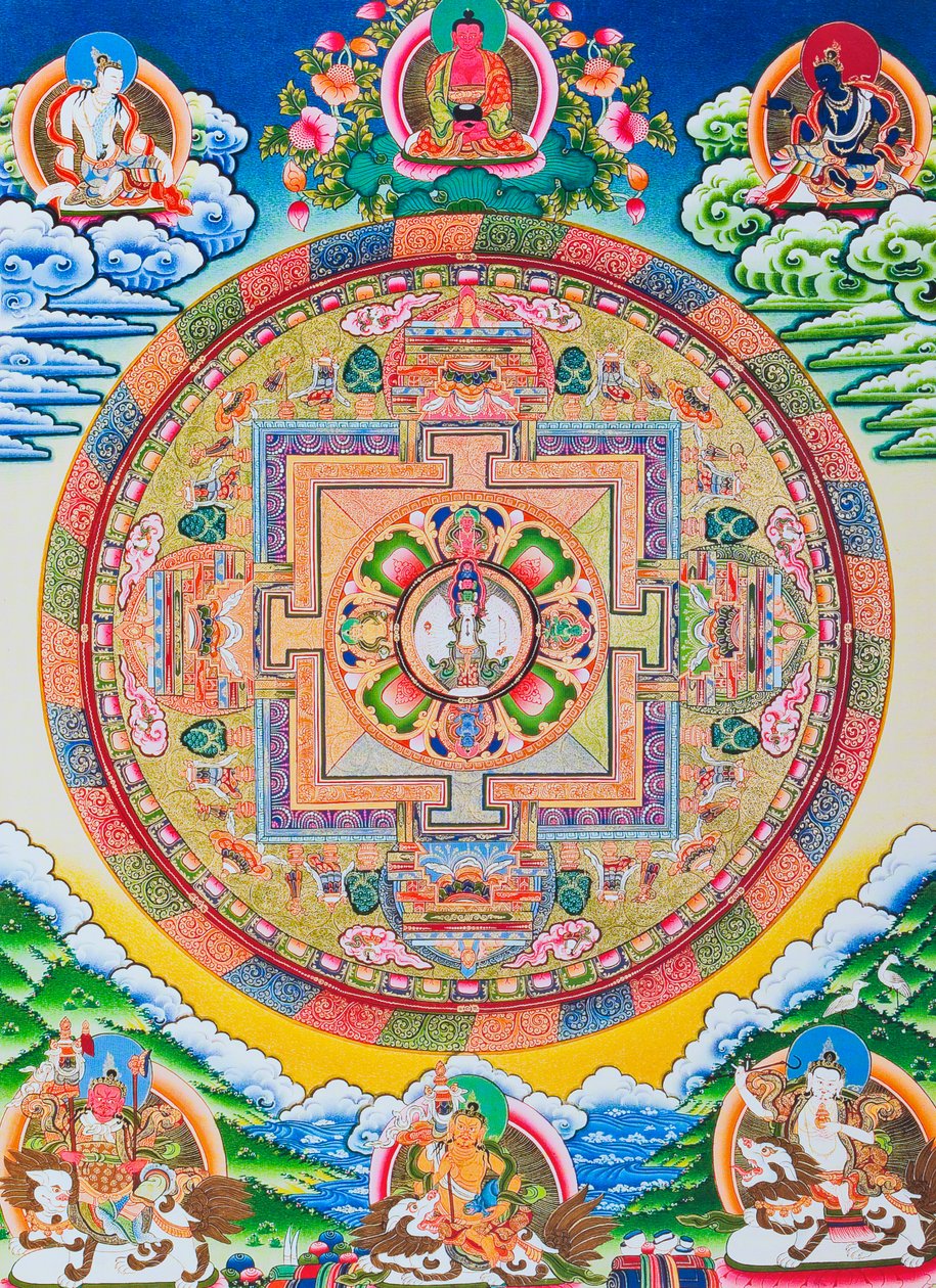 Mandala ezer karral Avalokiteshvara; a szent, mágikus kör, amely a tizenegy fejű bódhiszattvát ábrázolja, amely a végtelen együttérzést szimbolizálja (guache a ruhán) alkotó: School Nepalese