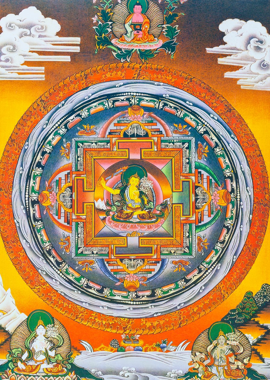 Manjushree Mandala, ahol a központi figura a bölcsesség istenét, Manjushree-t, a Katmandu-völgy legendás alkotóját jelképezi (gouache a ruhán) alkotó: School Nepalese