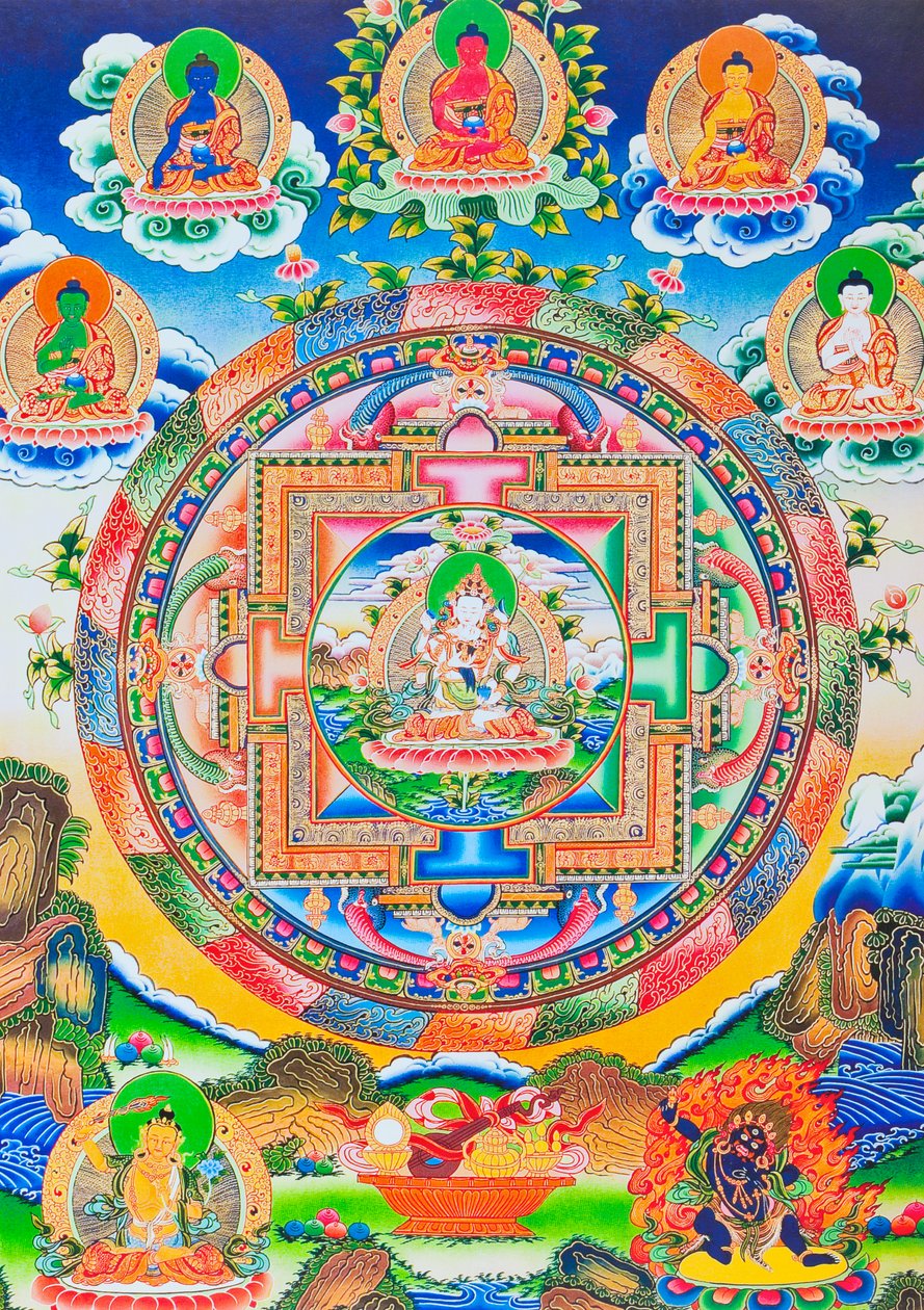 Vajrasattva, Mandala, az önmaga teremtette tantrikus Buddhát ábrázolja kezdet vagy vég nélkül, egy örök ölelésben, prajna bölcsességgel (guache a ruhán) alkotó: School Nepalese