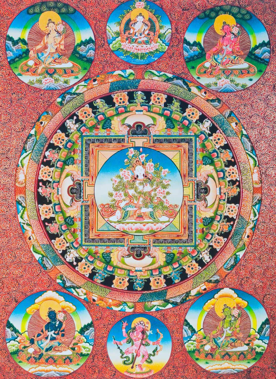 Fehér Tara Mandala; a buddhista panteon hétszemű női istensége, amely az együttérzés istennőjét és az emberi lények védelmezőjét jelképezi (guache a ruhán) alkotó: School Nepalese