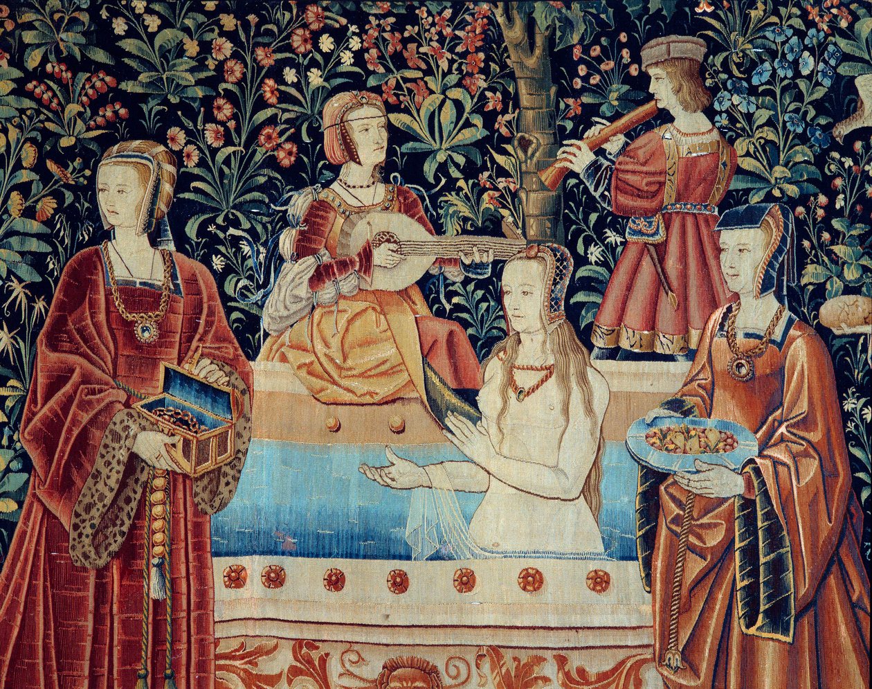 Az úri élet függönye: a fürdő. Részlet. Hollandiában 1520 körül készült gyapjú és selyem kárpit. V 2,8x2,6 m Párizs, Középkori Nemzeti Múzeum, Thermes de Cluny alkotó: School Netherlandish
