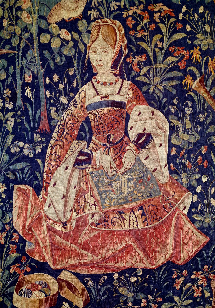 Seigneurial élet akasztása: Hímzés. Részlet. Hollandiában 1520 körül készült gyapjú és selyem kárpit. Párizs, Középkori Nemzeti Múzeum, Thermes de Cluny alkotó: School Netherlandish