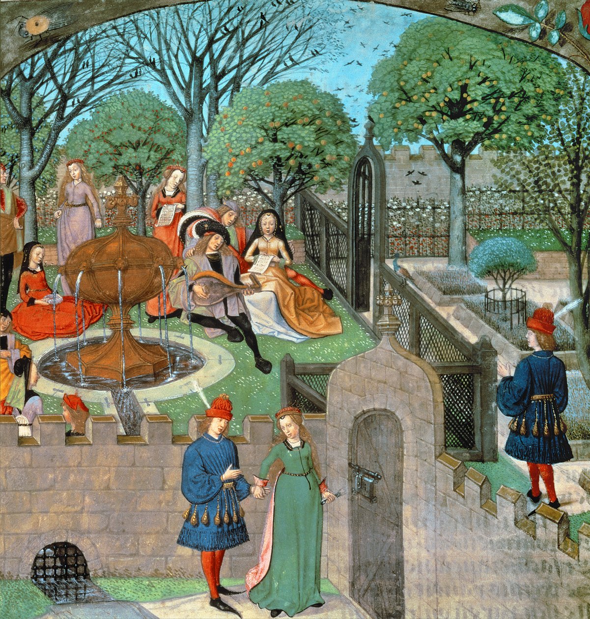 Harl 4425 f.12v Kerti jelenet, Oyseuse szeretője és hölgye (Tétlenség) a kert falain kívül, a "Roman de la Rose"-ból, Bruges, 1490-1500 körül (vellum) alkotó: School Netherlandish