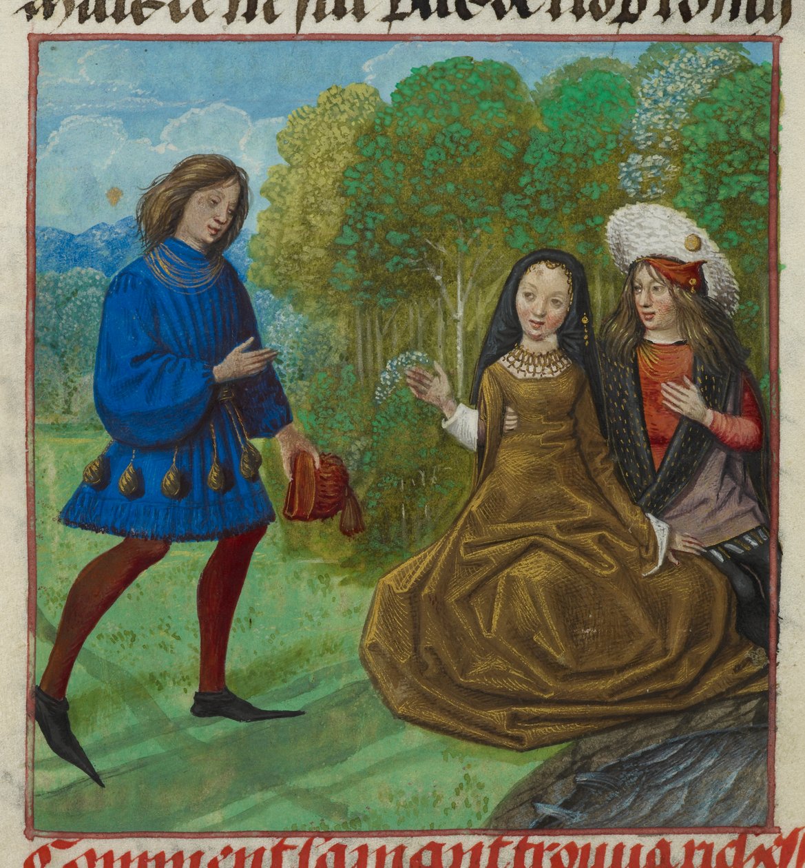 Harley 4425 f.90v A szerető találkozása Richessével (Wealth) a Roman de la Rose-ból, Guillaume de Lorris és Jean de Meun c. 1490-c. 1500 (vellum) alkotó: School Netherlandish