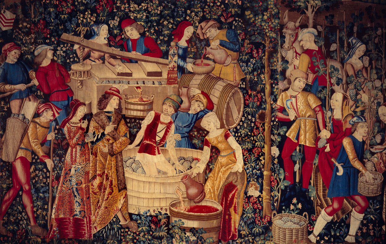 Szüreti jelenet Részlet balra. Gobelin Hollandiából alkotó: School Netherlandish