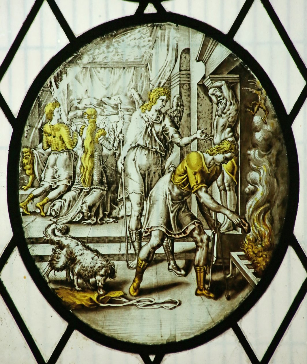 Roundel: Tóbiás elégeti a halmáj (festett üveg) alkotó: School Netherlandish