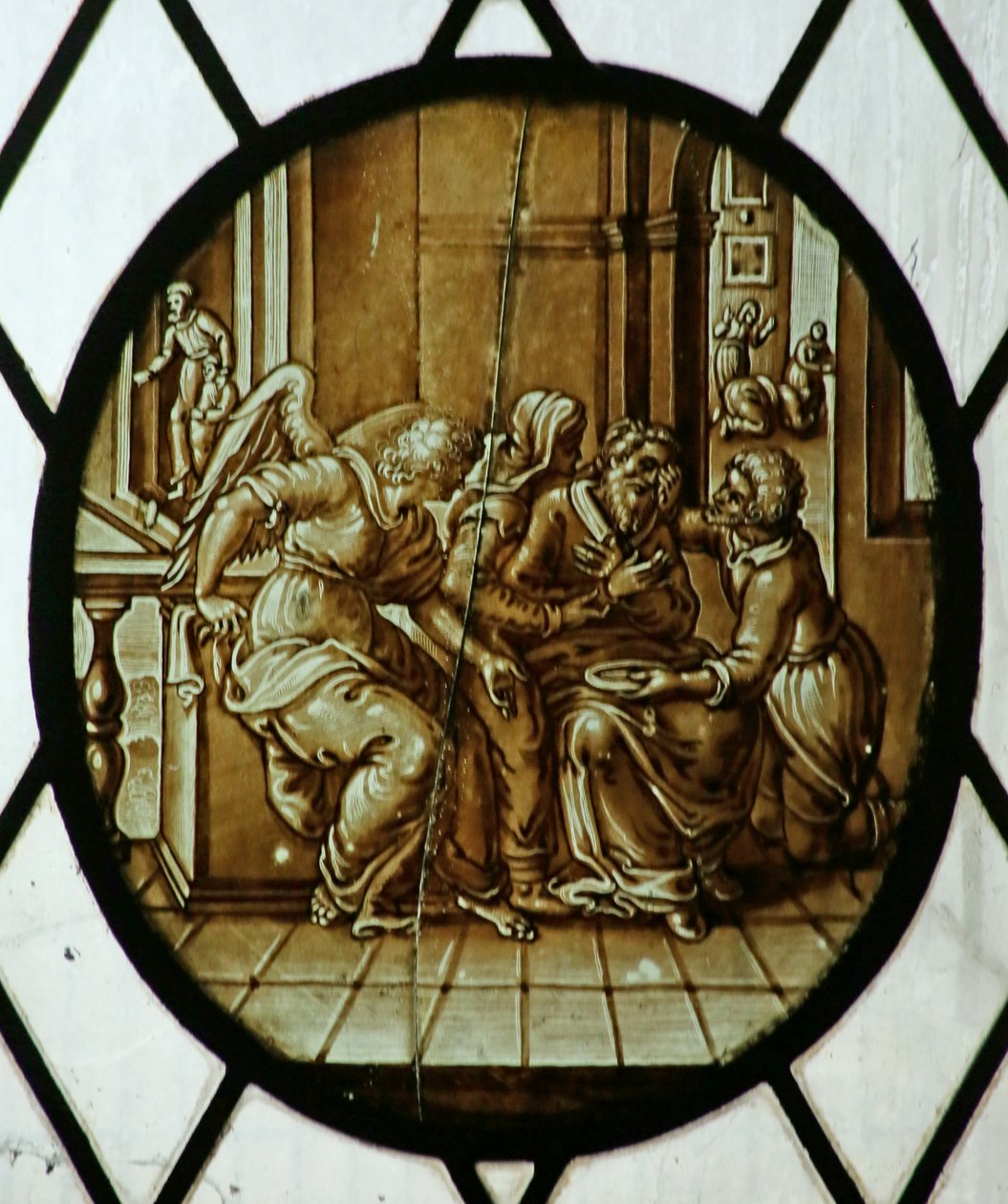 Roundel: Tóbiás meggyógyult vakságából, valószínűleg 19. század (ólomüveg) alkotó: School Netherlandish