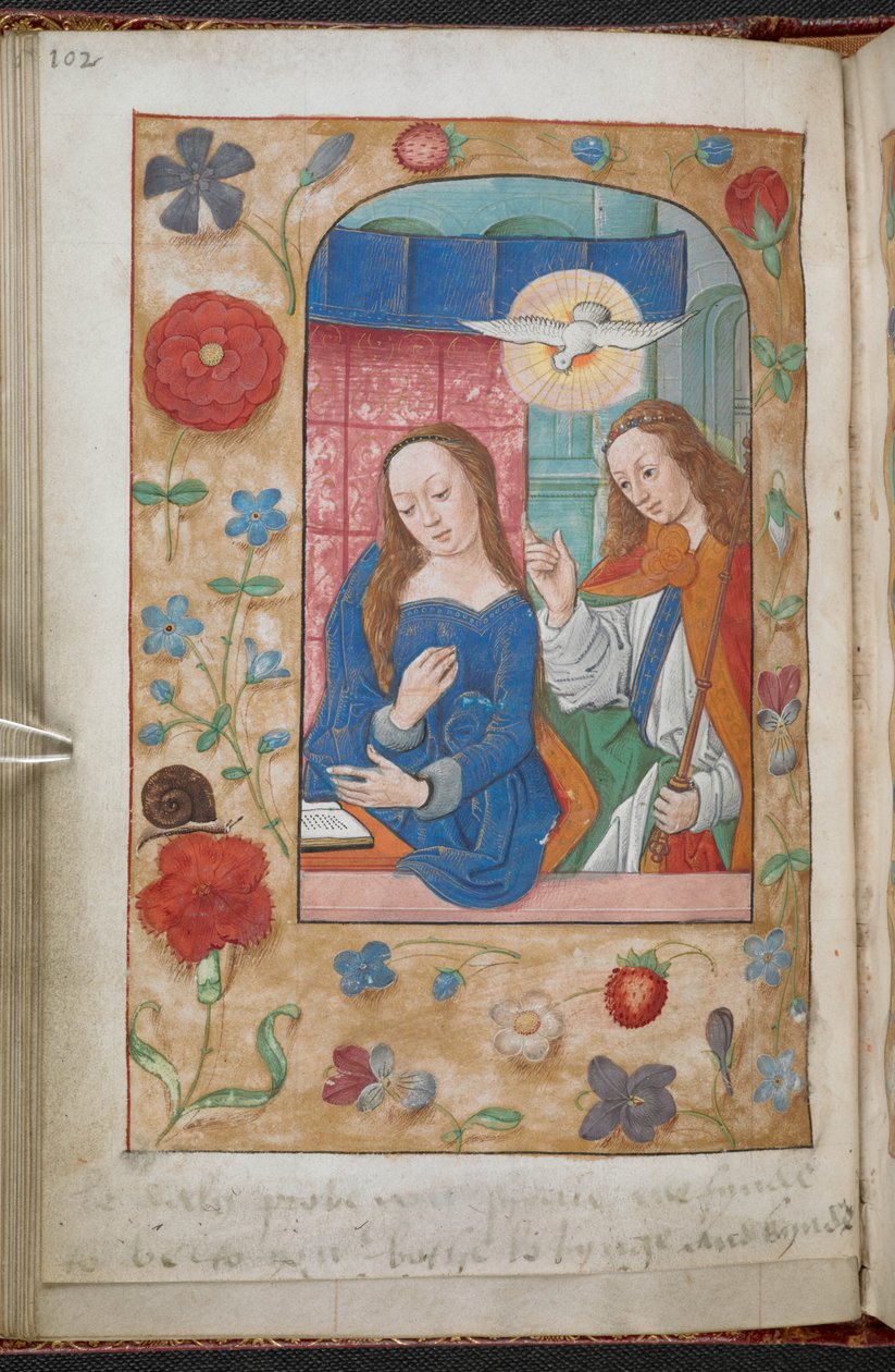 Az Angyali üdvözlet. Virágok, gyümölcsök, madarak, rovarok stb. szegélye perspektivikusan egy halvány arany alapon. A fólia lábánál (Anne Boleyns kezében) egy felirat található: „Bizonyítsd be, hogy mindketten szerelmesek és királyok legyek”, egy st. alkotó: School Netherlandish