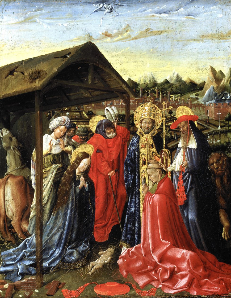 Születés SS-szel. Sixtus (?) és Jerome és egy bíboros (olaj a panelen) alkotó: School Netherlandish