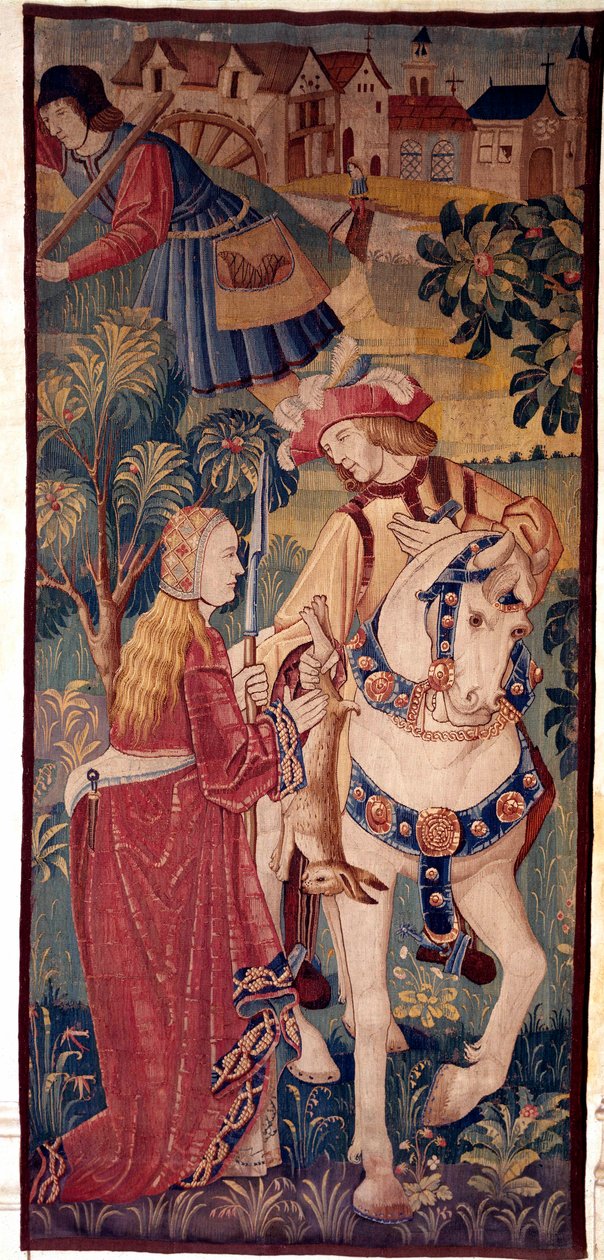 A vadászat visszatérése. Egy úriember vadat kínál egy fiatal hölgynek. Gobelin Hollandiából alkotó: School Netherlandish