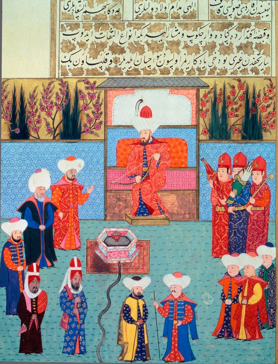 Orhan szultán (Orkhan vagy Urchan) I (1281-1360) miniatűr udvarát a Lokman „Hunername”-ből, vol. 1 (H 1523, f.7) 1584 Topkapi Sarayi Múzeumi Könyvtár Isztambul alkotó: School Ottoman