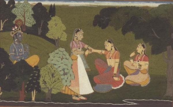 51.207/11 Egy bizalmas könyörög Radhához, hogy találkozzon Krsnával, illusztráció a „Gita Govinda” sorozatból, Basohli, Himachal Pradesh alkotó: School Pahari
