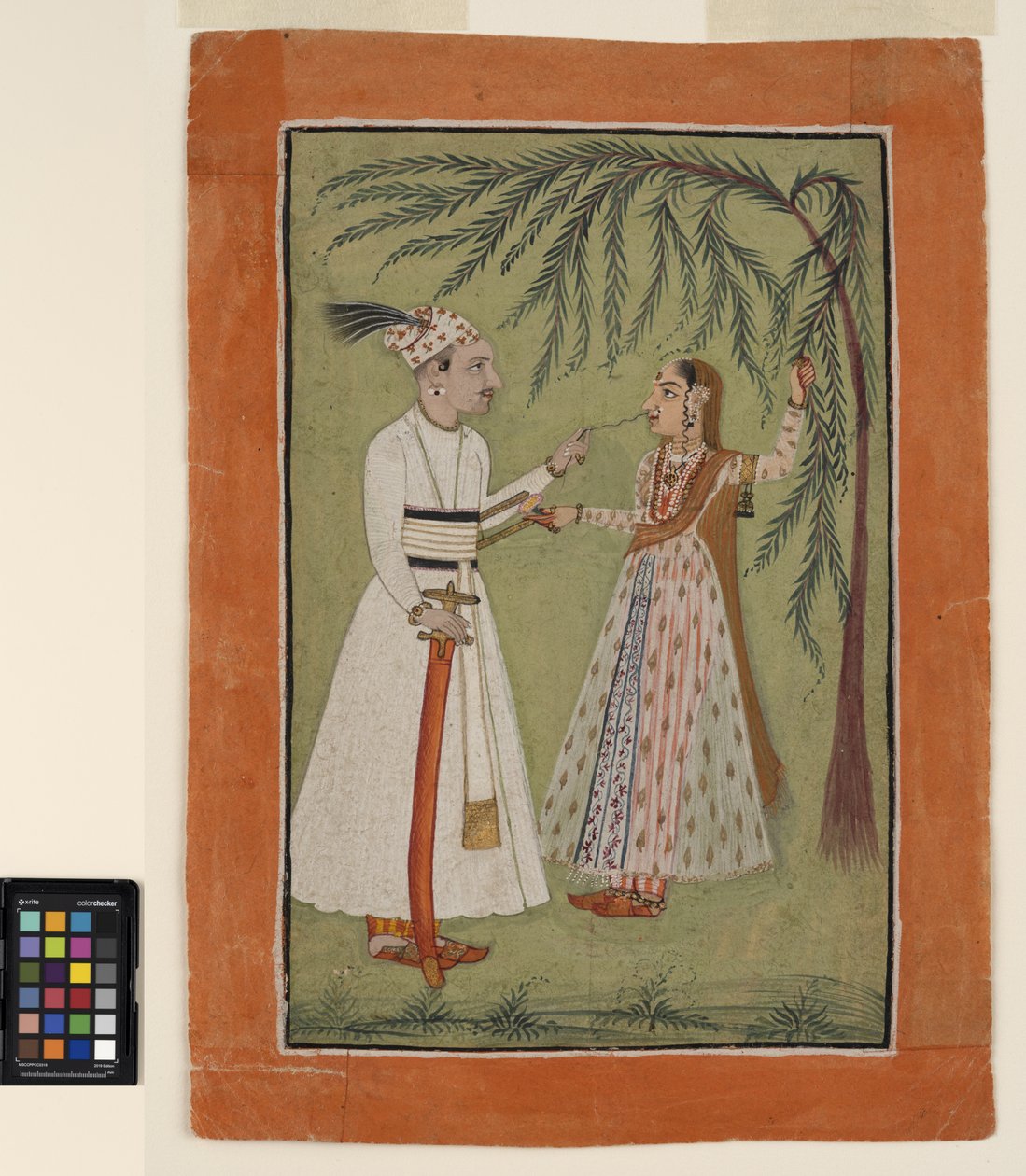 Egy fába kapaszkodó hölgy hajfürtjét húzó vonalzó, 1705 körül (átlátszatlan akvarell és arany papíron) alkotó: School Pahari