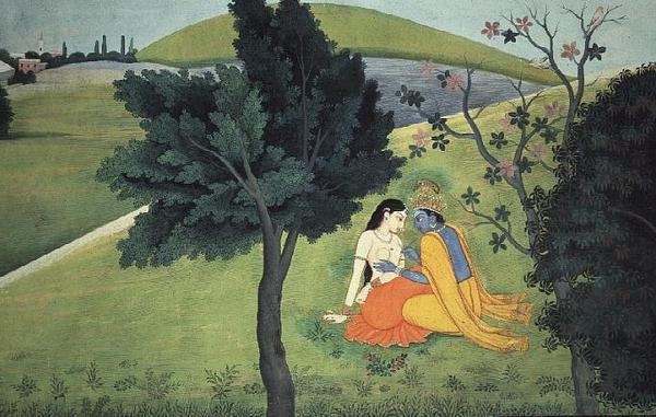 Radha mellét díszítő Krisna a „Gita Govinda” sorozatból, Kushalának vagy Gaudhunak tulajdonítják, Kangra, Himachal Pradesh, 1780 körül alkotó: School Pahari
