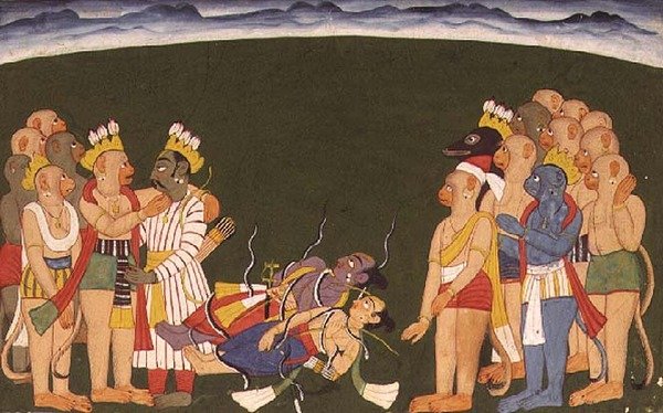 Rama és Lakshmana nagapasával támadtak, a „Sangri Ramayana”, Kulu-Mandi, Himachal Pradesh alkotó: School Pahari