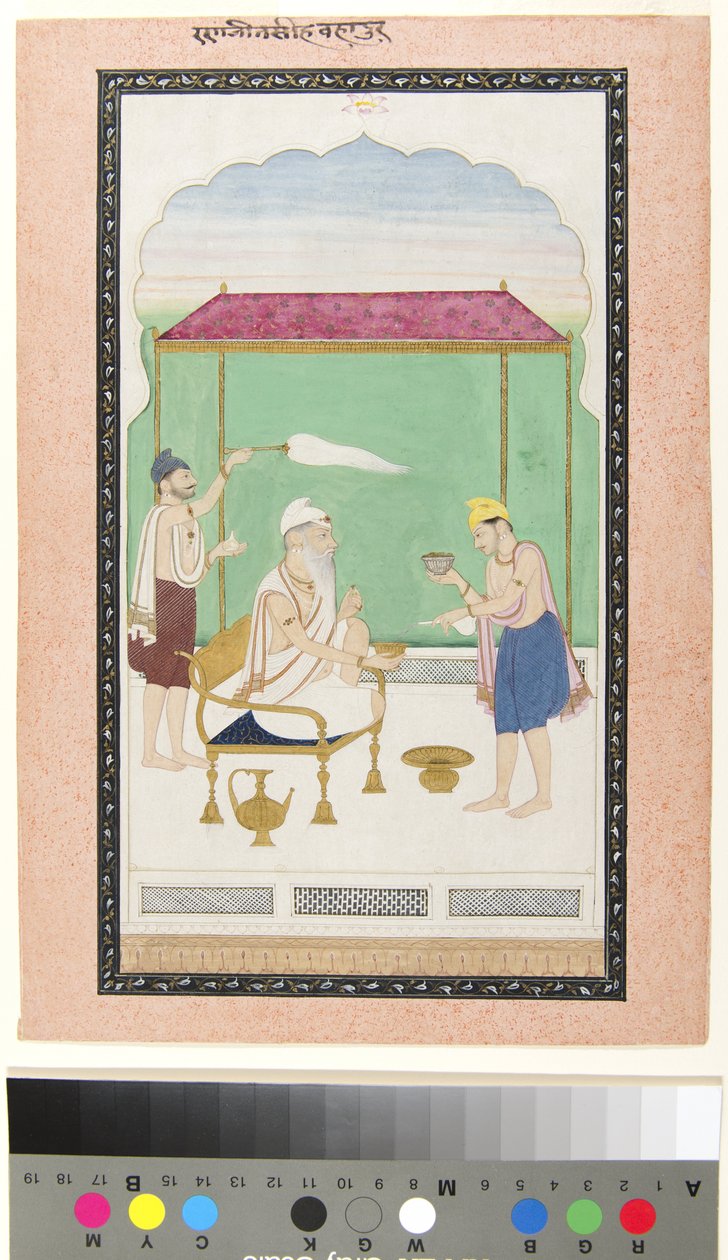Ranjit Singh egy arany széken ül, egy halotti hordozó kíséretében, 1830 körül szolgált fel (átlátszatlan w/c és arany a papíron) alkotó: School Pahari