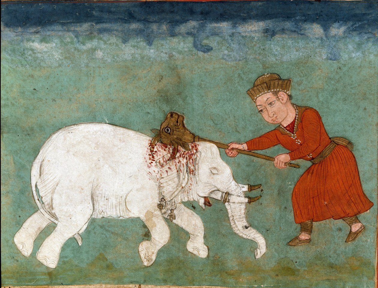 Iszlám művészet: Rostam (vagy Rustam) mitikus hős és Zal fia megöli a fehér elefántot. Perzsa miniatűr Ferdowsi (Firdawsi vagy Ferdawsi vagy Firdousi) „Shahnameh” (Shah Nama, Shahnama) (Királyok könyve) című epikus költeményének kéziratából, kb. 940 körül alkotó: School Persian