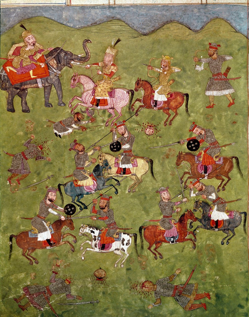 Iszlám művészet: csatajelenet. Perzsa miniatűr a „Shahnameh” című epikus költemény kéziratából (Shah Nama, Shahnama) (Királyok könyve), Ferdowsi (Firdawsi vagy Ferdawsi vagy Firdousi, kb. 940-1020 körül) Biblioteca Nazionale Nápoly alkotó: School Persian