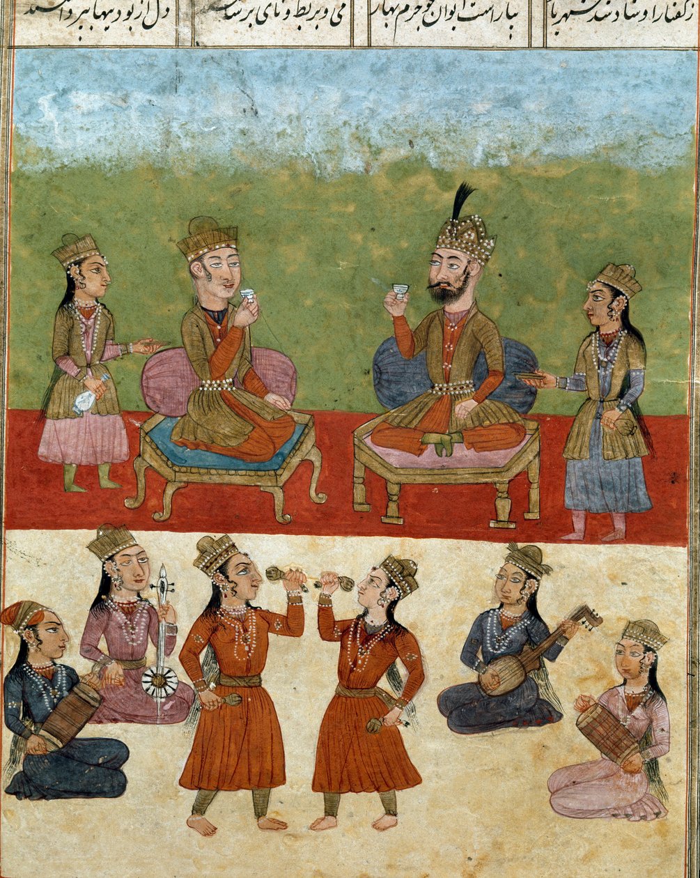 Iszlám művészet: koncert és szórakozás a háremben. Perzsa miniatűr a „Shahnameh” című epikus költemény kéziratából (Shah Nama, Shahnama) (Királyok könyve), Ferdowsi (Firdawsi vagy Ferdawsi vagy Firdousi, kb. 940-1020 körül) Biblioteca Nazionale Nápoly alkotó: School Persian