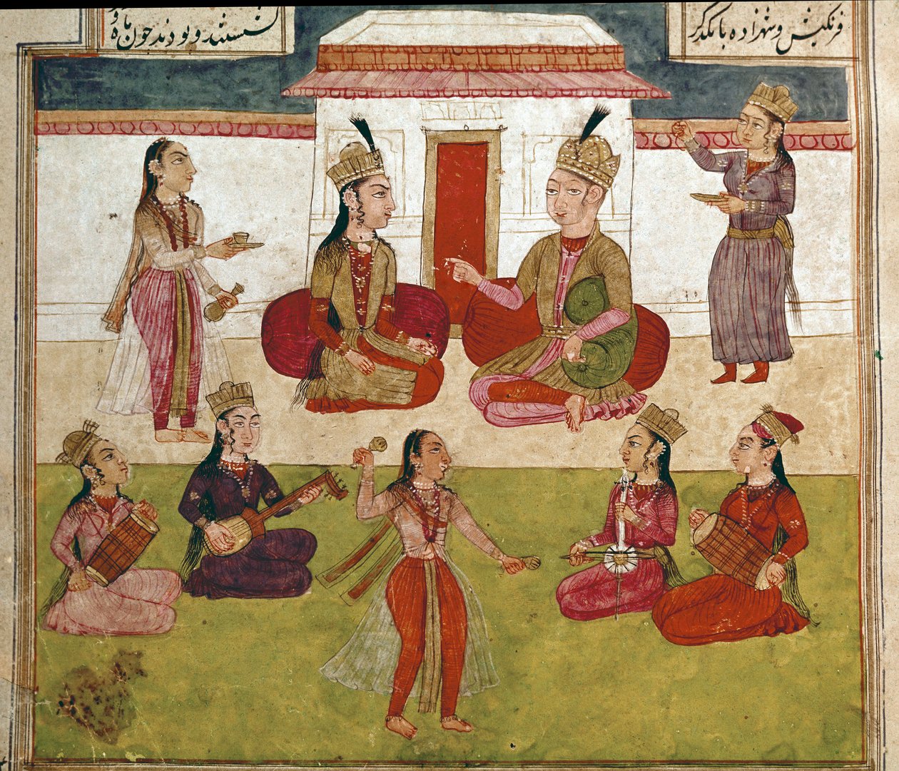 Iszlám művészet: koncert és szórakozás a háremben. Perzsa miniatűr a „Shahnameh” című epikus költemény kéziratából (Shah Nama, Shahnama) (Királyok könyve), Ferdowsi (Firdawsi vagy Ferdawsi vagy Firdousi, kb. 940-1020 körül) Biblioteca Nazionale Nápoly alkotó: School Persian