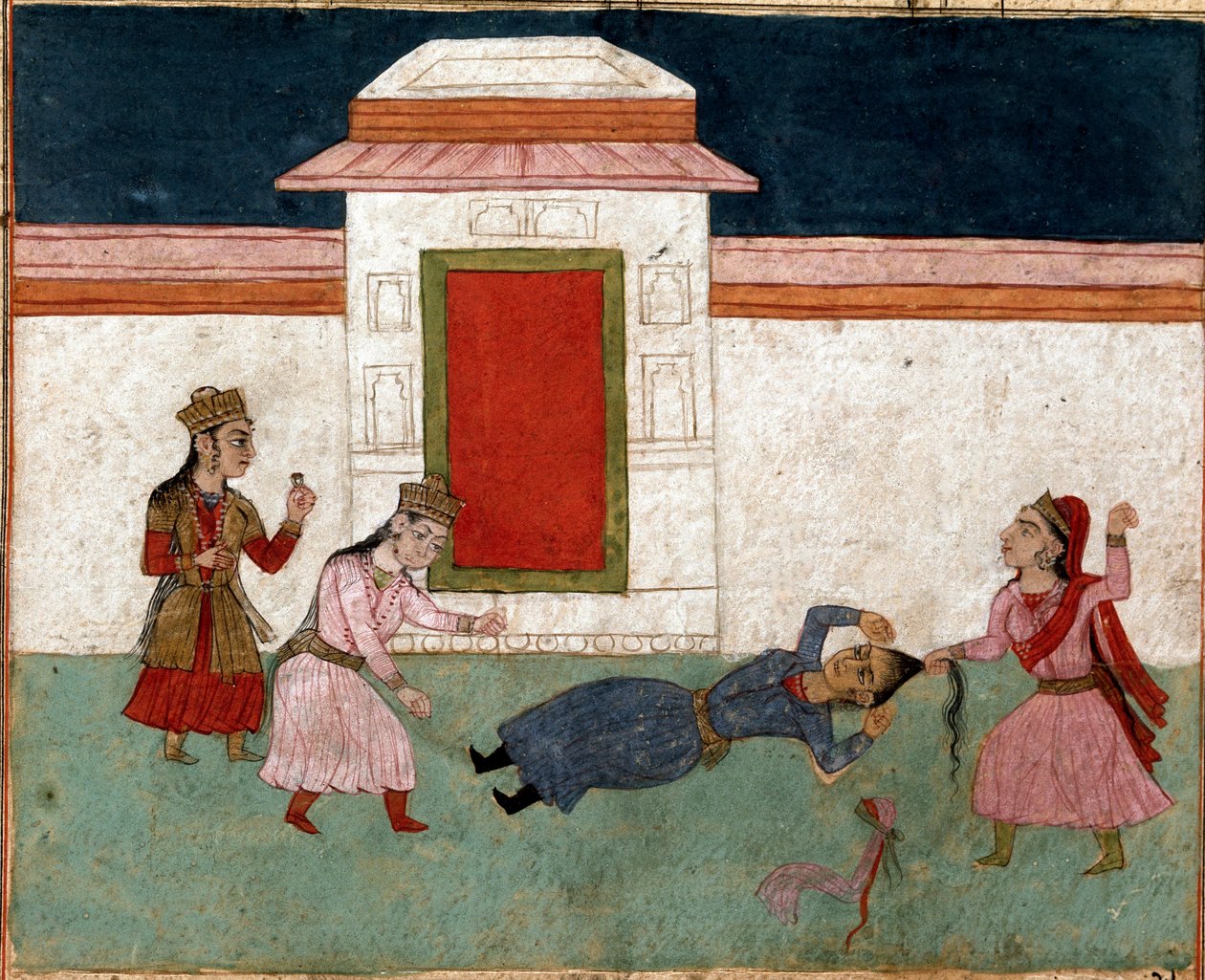 Iszlám művészet: két ágyas harcol a háremben, a kedvenc megmarkolja riválisa haját. Perzsa miniatűr a „Shahnameh” című epikus költemény kéziratából (Shah Nama, Shahnama) (Királyok könyve), Ferdowsi (Firdawsi vagy Ferdawsi vagy Firdousi, kb. 940-10 körül alkotó: School Persian