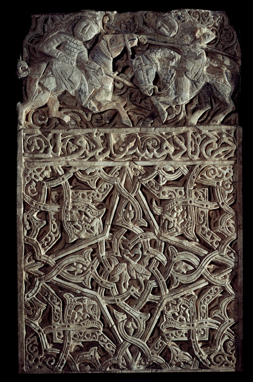 Perzsa művészet: stukkótábla díszíti az arabeszkeket és két lovas harcát. Seattle. Művészeti Múzeum alkotó: School Persian