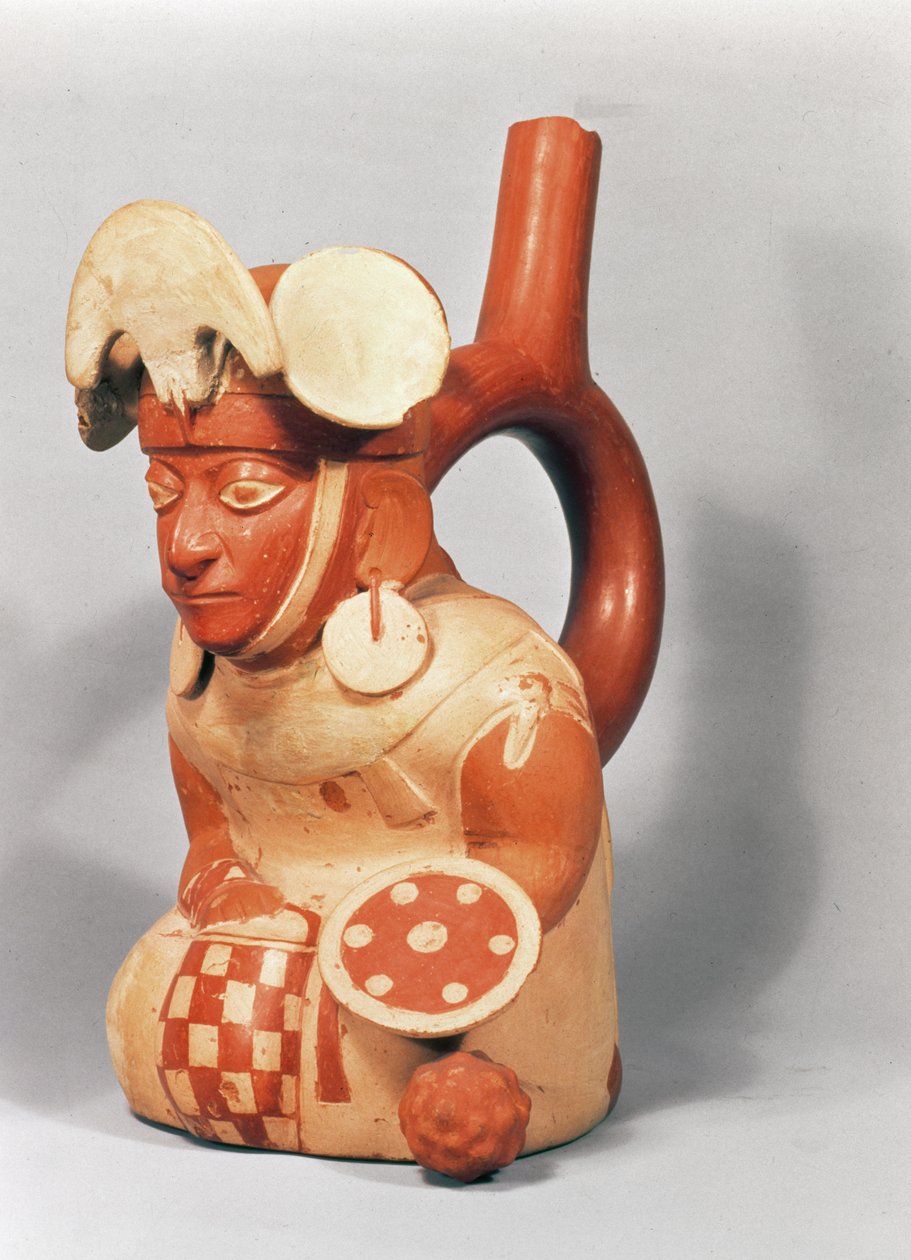 Mochican kengyeles váza harcos alakban, i.sz. 300-800 (terrakotta) alkotó: School Peruvian