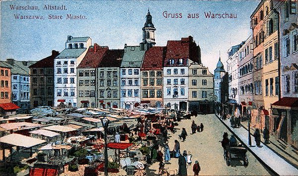 Képeslap a varsói óváros piacterével, 1910 körül (színes litográfia) alkotó: School Polish