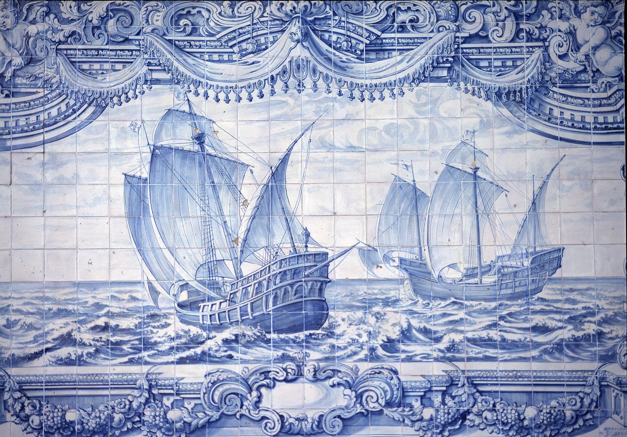 Karavellák a 15-17. században, azulejok, Lisszabon környékén, Portugáliában. alkotó: School Portuguese