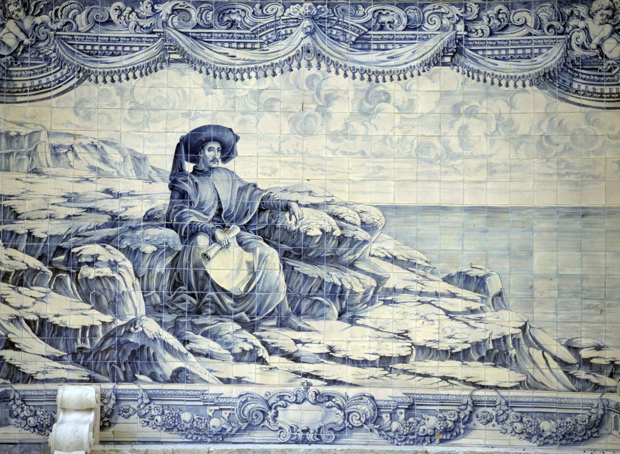 Henrik, a Navigátor, ül, nézi a tengert - Azulejo Lisszabon (Sintra) környékéről. alkotó: School Portuguese