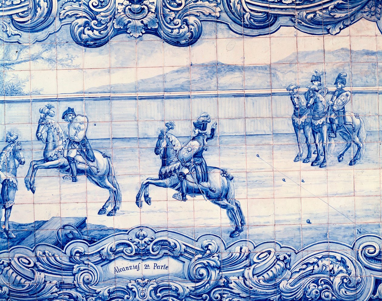 Lovas, aki az Alcancias játékát gyakorolja Portugáliában. Azulejos. Olaszország nagykövetsége, Lisszabon alkotó: School Portuguese