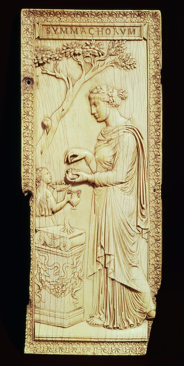 A Symmachi-diptichon egyik lapja, a Symmachi családról elnevezett, Kr. u. 400 (elefántcsont) alkotó: School Roman