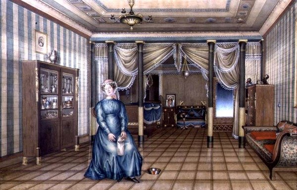 Spinster egy neoklasszikus nappali belső terében, 1835 körül (akvarell kiemeléssel papíron) alkotó: School Russian