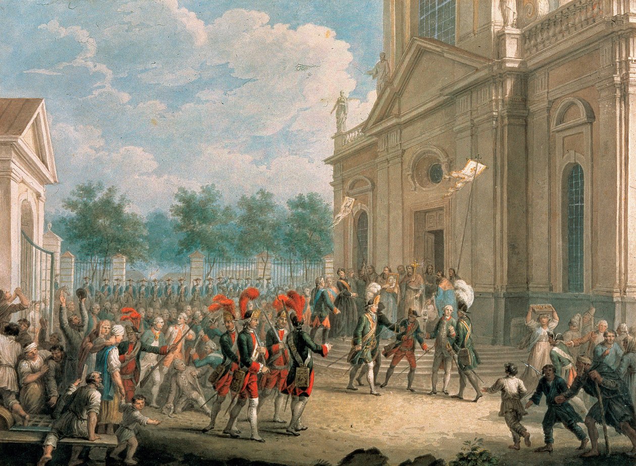 II. Katalin (1729-1796) a kazanyi székesegyház (Szentpétervár) lépcsőjén, a papság üdvözölte trónra lépésének napján, 1762. június 28-án. (II. Katalin a kazanyi székesegyház lépcsőjén, köszönt a papság által az o. napon alkotó: School Russian