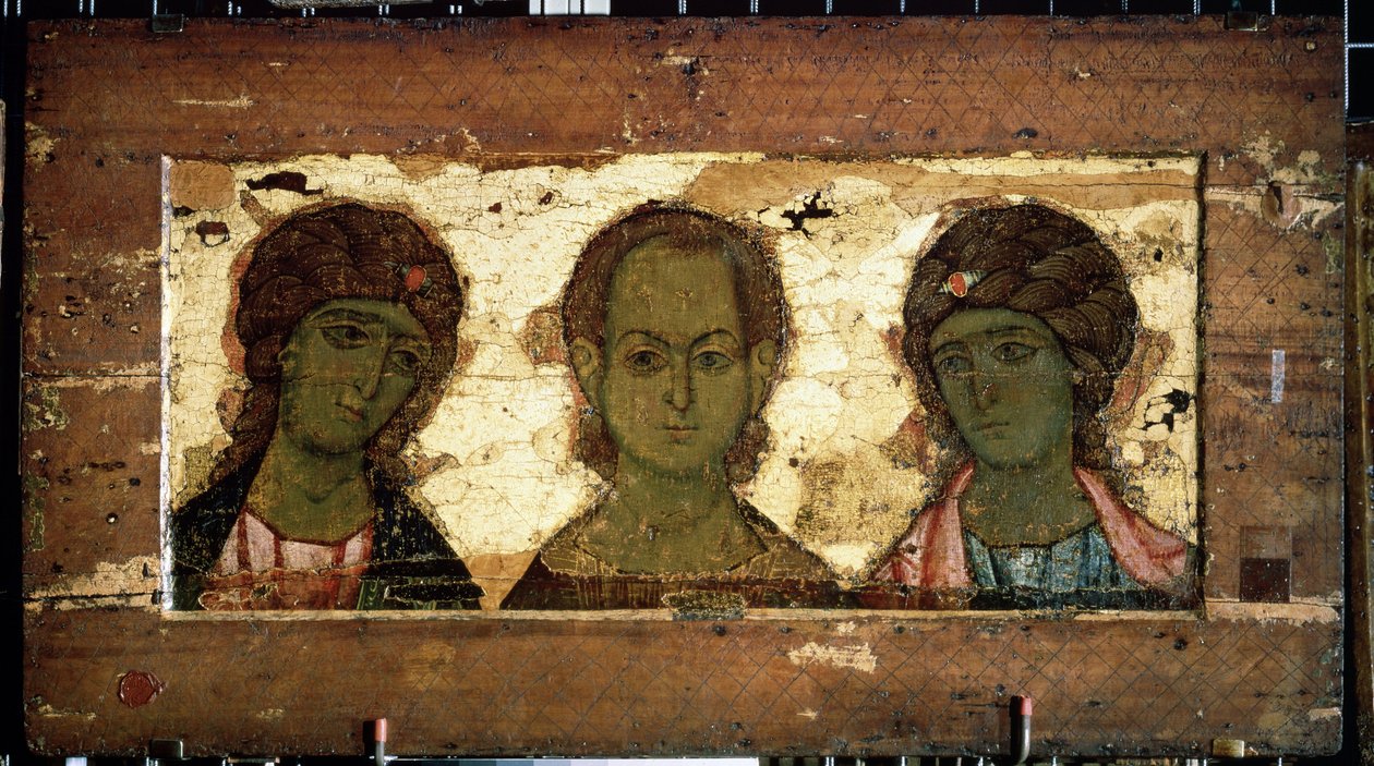 Krisztus Emmánuel Mihály és Gábriel arkangyalokkal körülvéve (Krisztus Emmanuel Mihály és Gábriel arkangyalokkal). Orosz ikon, tempera, fa, 12. század vége. Vlagyimir művészete (Oroszország). Állami Tretyakov Galéria, Moszkva (Oroszország). alkotó: School Russian
