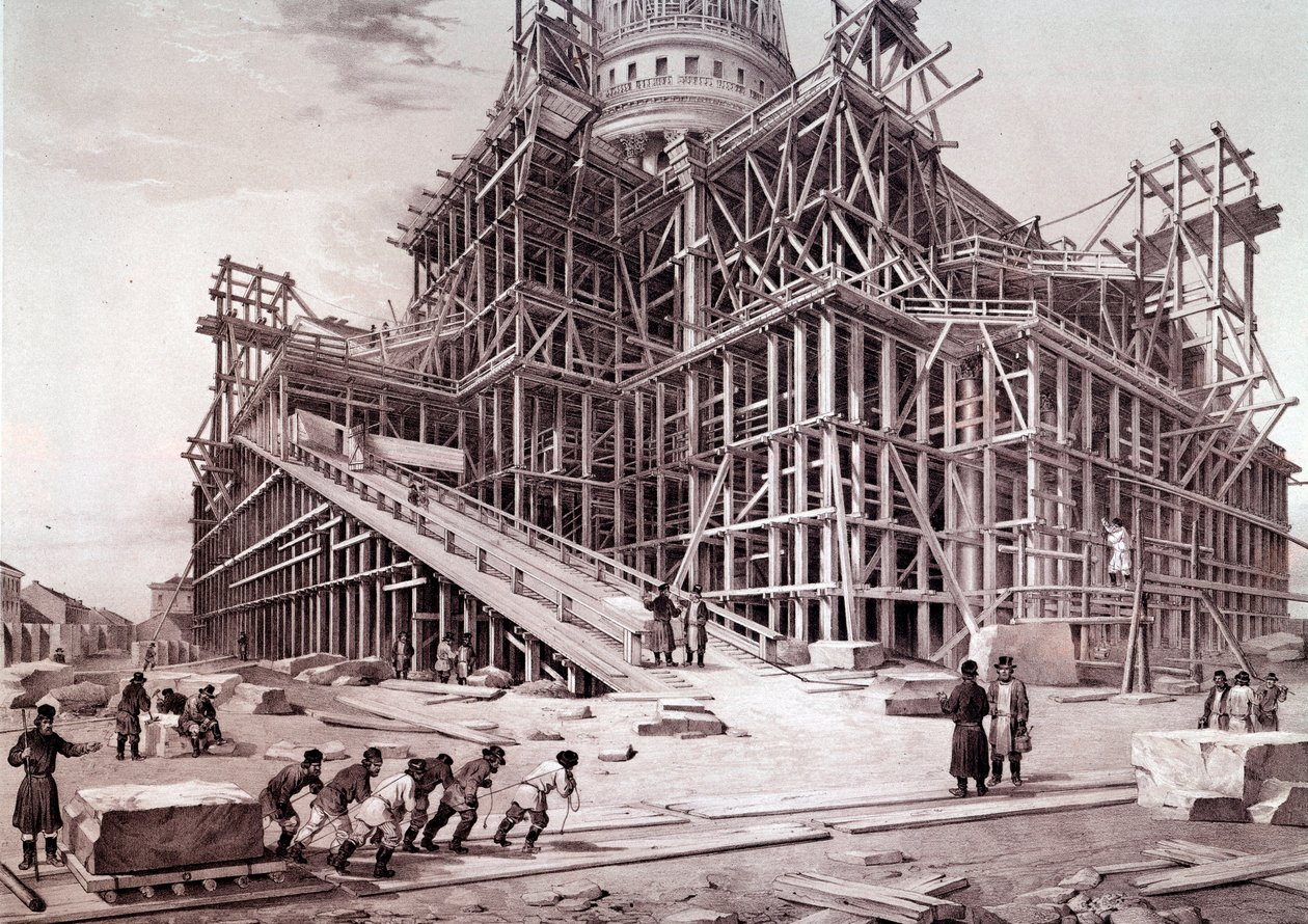 A Téli Palota (Szentpétervár) templomának építése. Az orosz iskola festménye alkotó: School Russian