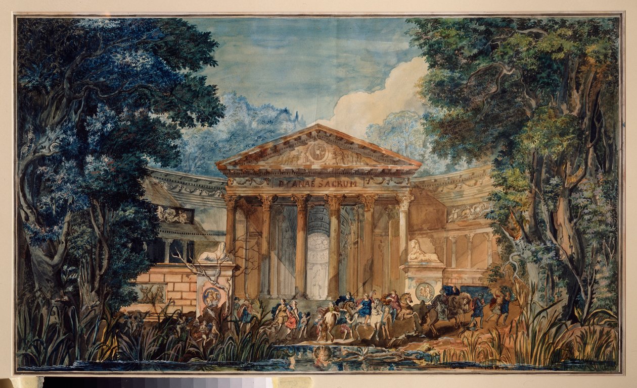 Giovanni Paisiello (Paesieillo vagy Paesieixo) (1740-1816) „Fedra” (Phedre) című operájának előkészítő dekorációja. Orosz mester munkája, akvarell és gouache papíron, 1800 körül. Orosz szcenográfiai művészet alkotó: School Russian