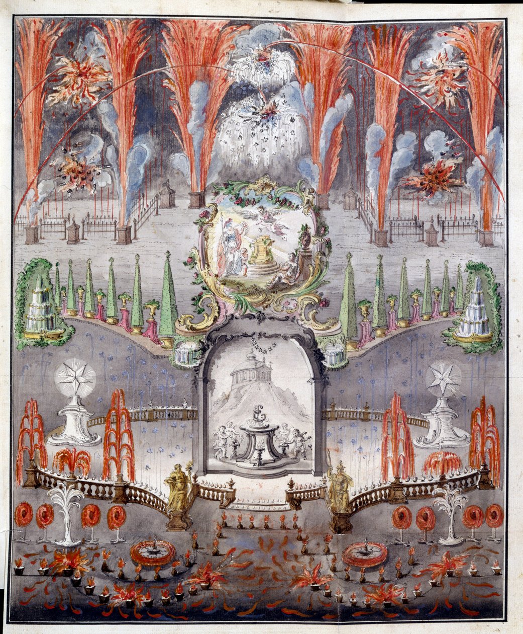Tűzijáték és világítás 1747. szeptember 17-én Gostilitsyben (Oroszország). Névtelen mű, akvarellel színezett rézmetszet, 18. század közepe. orosz művészet alkotó: School Russian