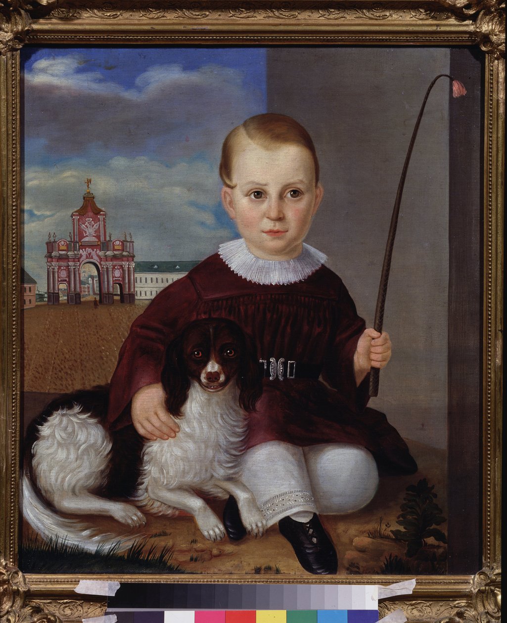 Fiú kutyával a piros ajtó előtt (Moszkva). Orosz mester festménye, olaj, vászon 1840. 19. századi orosz művészet. Állami V. Tropinin Múzeum, Moszkva. alkotó: School Russian