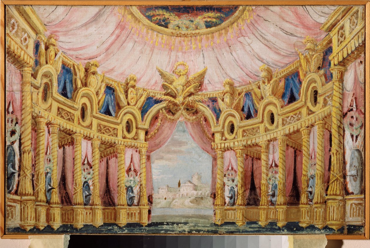 Csarnok oszlopcsarnokkal. Előkészítő dekoráció egy színdarabhoz. Orosz mester munkája, tempera vászonra alkotó: School Russian