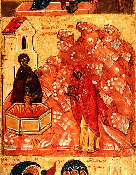 Ikon, amely egy jelenetet ábrázol az egyiptomi repülés során, 1550 körül (tempera és aranylevél a panelen) (314500 részlet) alkotó: School Russian