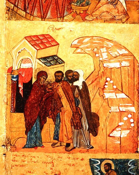 A Szűz élete című jelenetet ábrázoló ikon 1550 körül (tempera és aranylevél a panelen) (314500 részlet) alkotó: School Russian
