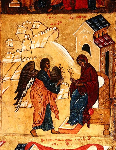 Az Angyali üdvözletet ábrázoló ikon, 1550 körül (tempera és aranylevél a panelen) (314500 részlet) alkotó: School Russian