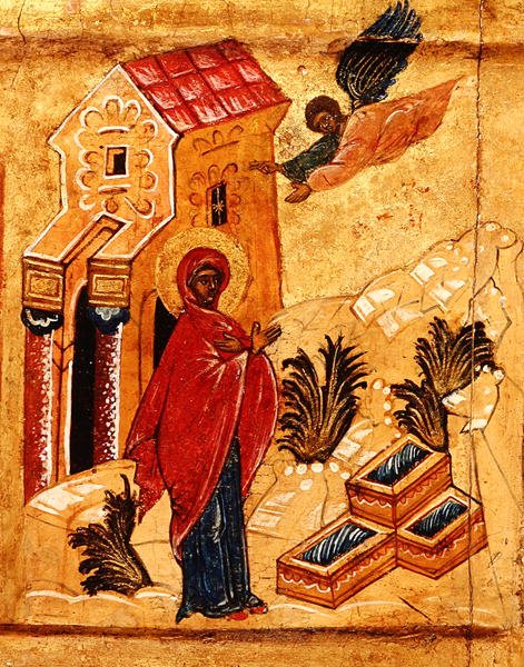 A Szent Anna Angyali üdvözletét ábrázoló ikon, 1550 körül (tempera és aranylevél a panelen) (314500 részlet) alkotó: School Russian