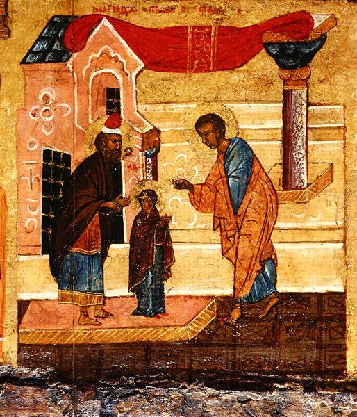 Az özvegy József gondjaira bízott Szűzet ábrázoló ikon, 1550 körül (tempera és aranylevél a táblán) (314500 részlet) alkotó: School Russian