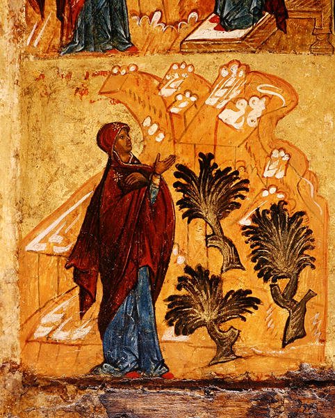 A vadonban imádkozó Szűzet ábrázoló ikon, 1550 körül (tempera és aranylevél a panelen) (314500 részlet) alkotó: School Russian